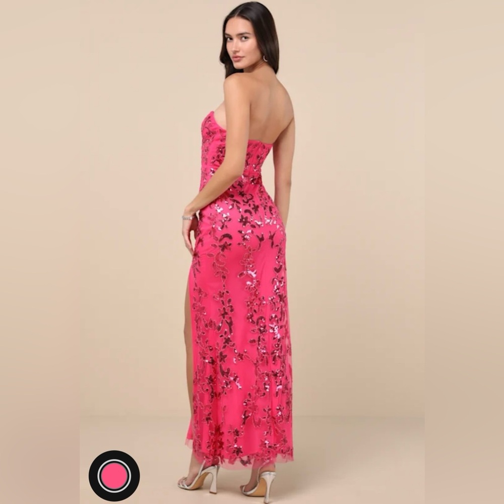 NWT Lulus Prom Hot Pink Sequin Strapless Mermaid Maxi Dress - Size XS - Picture 3 of 4